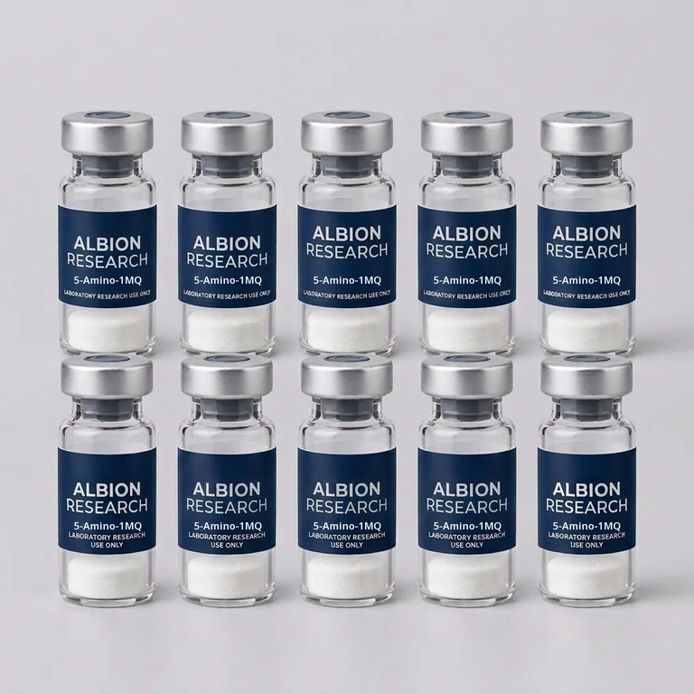 Ten laboratory vials labelled Albion Research, 5-Amino-1MQ 5mg