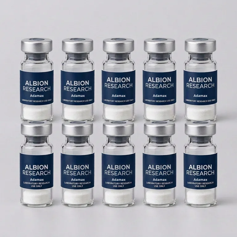 Ten laboratory vials labelled Albion Research, Adamax 5mg
