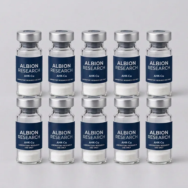 Ten laboratory vials labelled Albion Research, AHK-Cu 50mg
