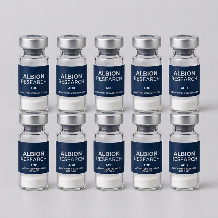 Ten laboratory vials labelled Albion Research, AOD 2mg