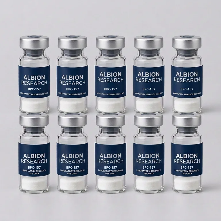 Ten laboratory vials labelled Albion Research, BPC-157 5mg