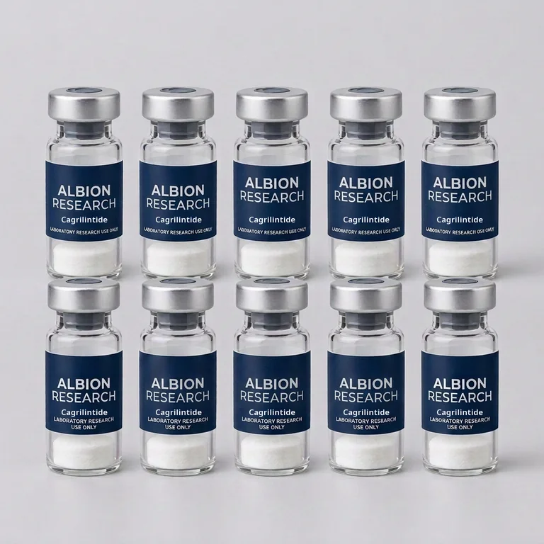 Ten laboratory vials labelled Albion Research, Cagrilintide 5mg