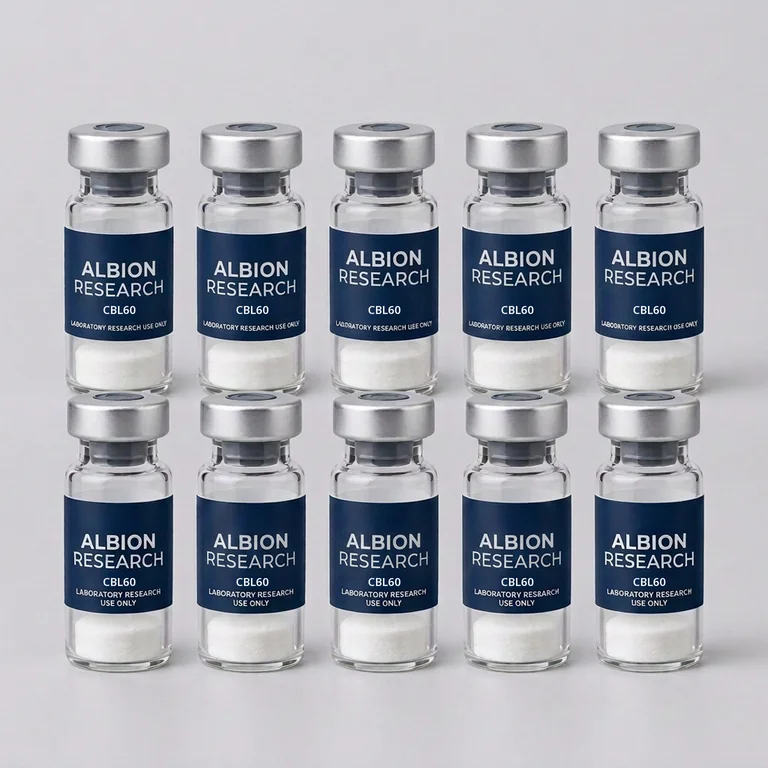 Ten laboratory vials labelled Albion Research, CBL60 60mg