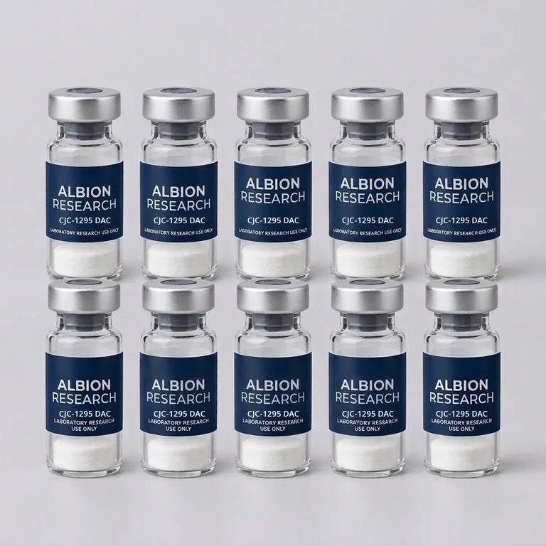 Ten laboratory vials labelled Albion Research, CJC-1295 DAC 5mg