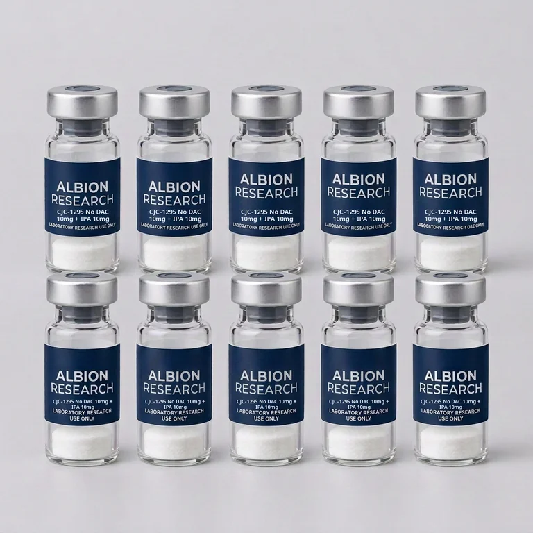 Ten laboratory vials labelled Albion Research, CJC-1295 No DAC 10mg + IPA 10mg 20mg