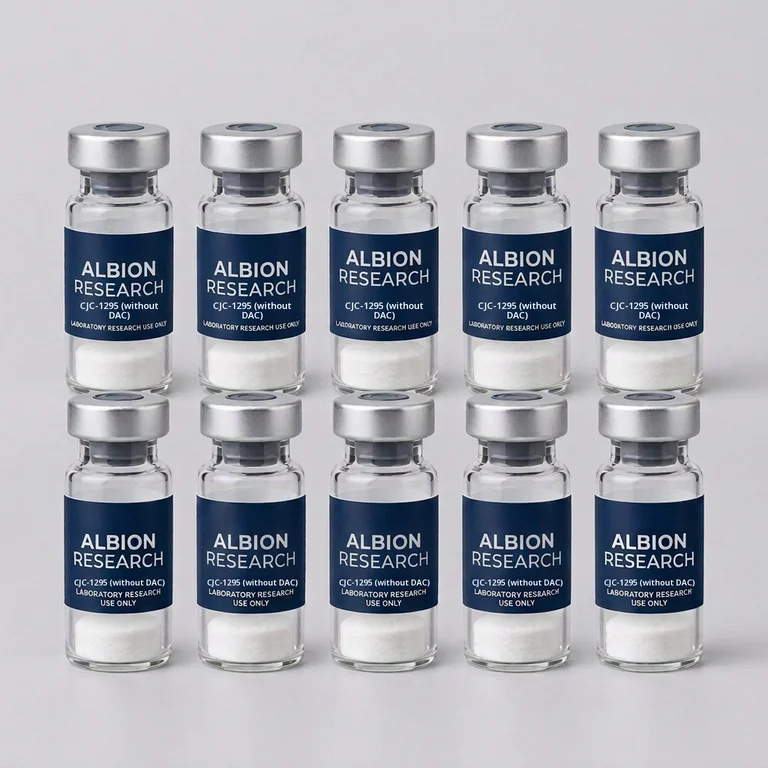 Ten laboratory vials labelled Albion Research, CJC-1295 (without DAC) 10mg