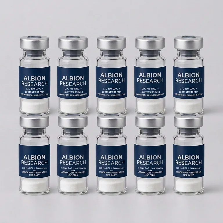 Ten laboratory vials labelled Albion Research, CJC No DAC + Ipamorelin Mix 10mg