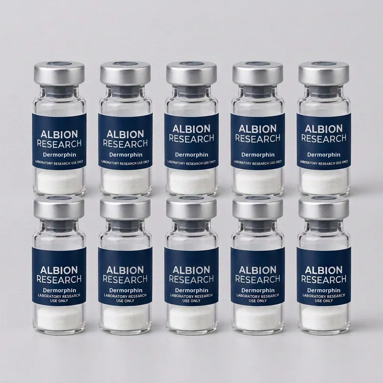 Ten laboratory vials labelled Albion Research, Dermorphin 5mg