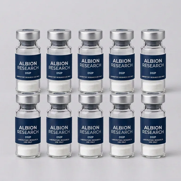 Ten laboratory vials labelled Albion Research, DSIP 5mg
