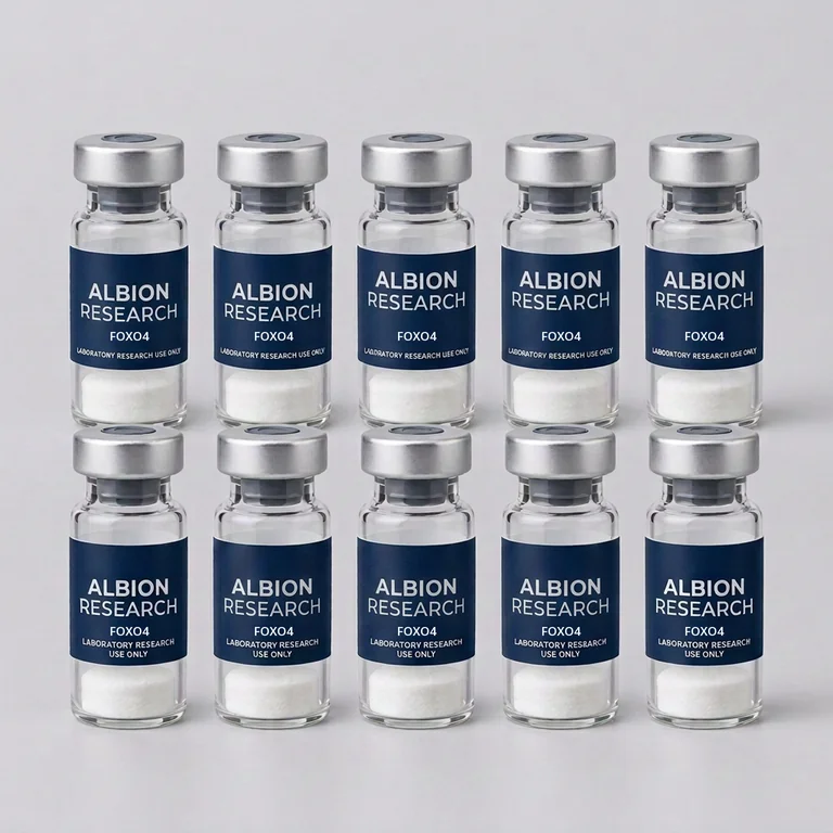 Ten laboratory vials labelled Albion Research, FOXO4 2mg