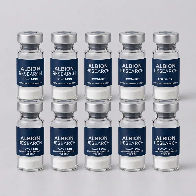 Ten laboratory vials labelled Albion Research, FOXO4-DRI 10mg