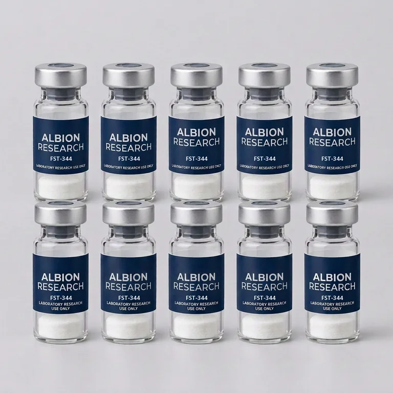 Ten laboratory vials labelled Albion Research, FST-344 1mg