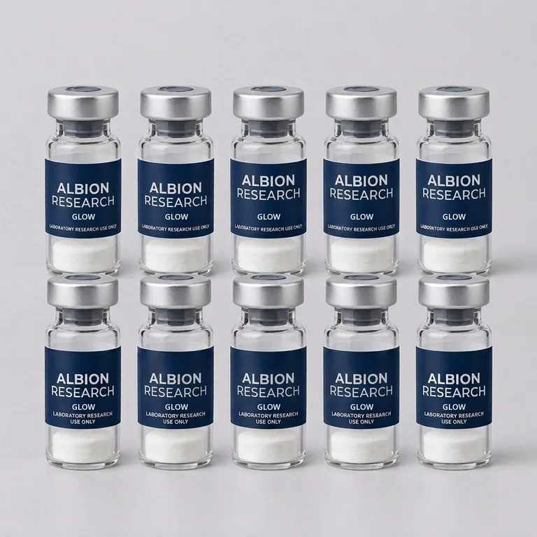 Ten laboratory vials labelled Albion Research, GLOW 70mg
