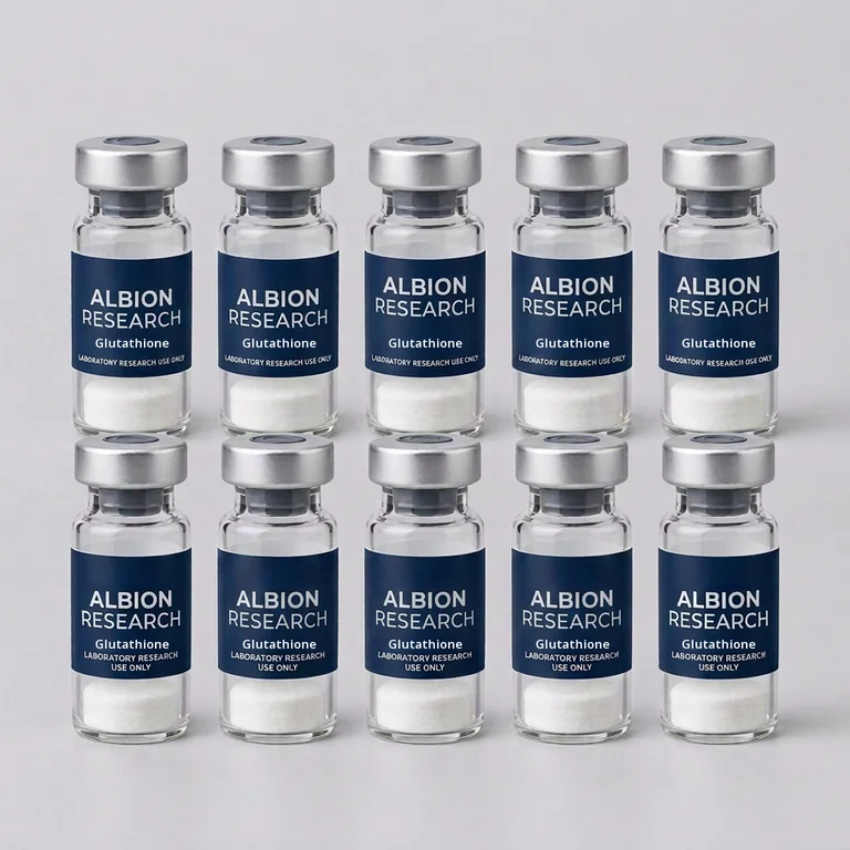 Ten laboratory vials labelled Albion Research, Glutathione 600mg