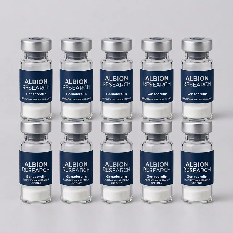 Ten laboratory vials labelled Albion Research, Gonadorelin 2mg
