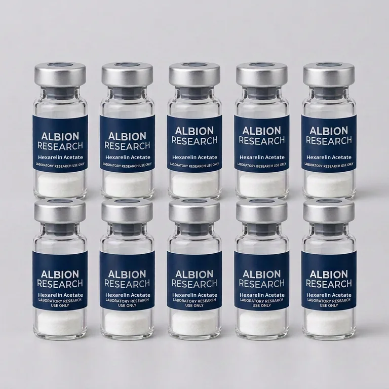 Ten laboratory vials labelled Albion Research, Hexarelin Acetate 5mg