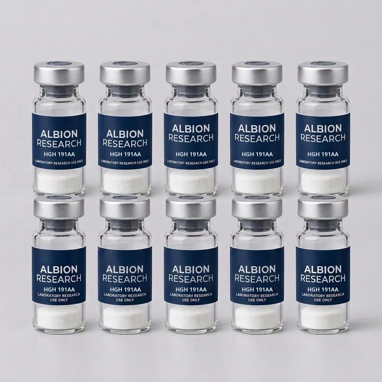 Ten laboratory vials labelled Albion Research, HGH 191AA 24iu