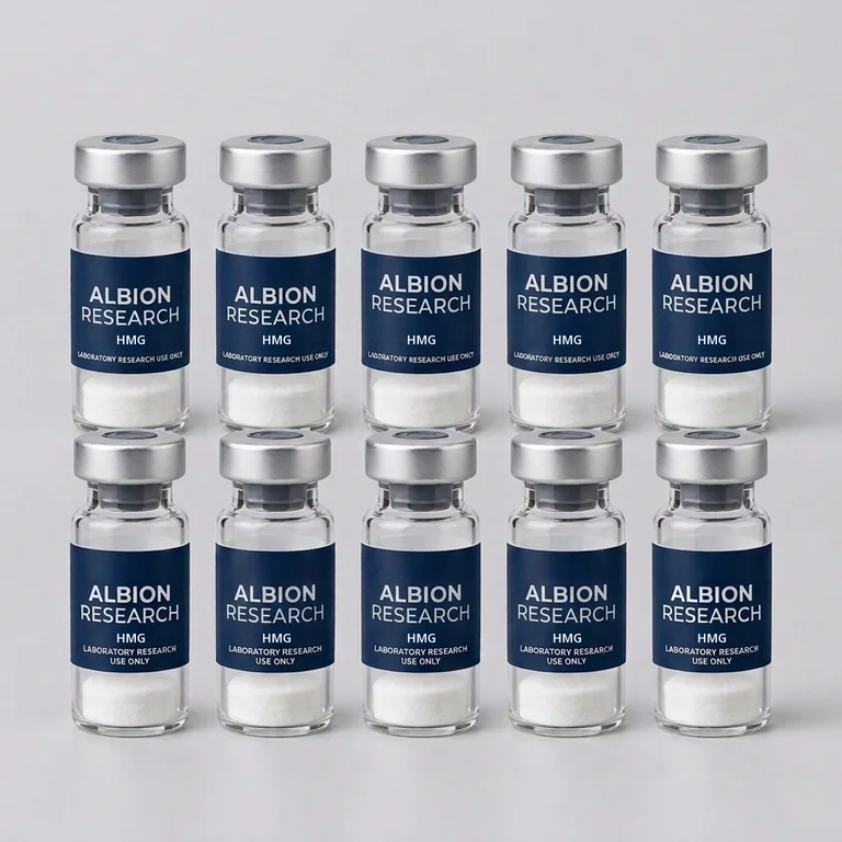 Ten laboratory vials labelled Albion Research, HMG 75iu