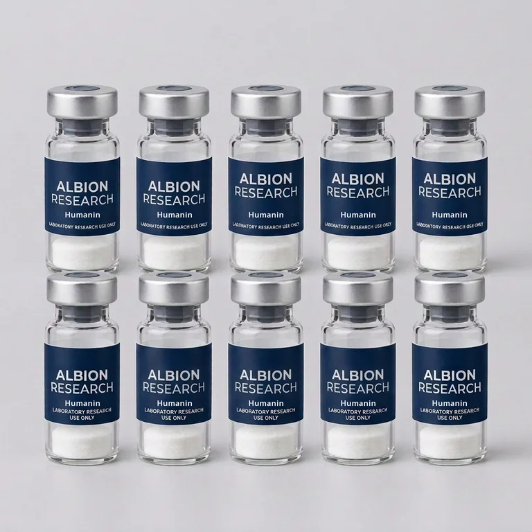 Ten laboratory vials labelled Albion Research, Humanin 10mg