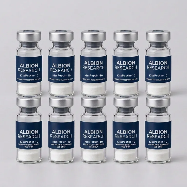 Ten laboratory vials labelled Albion Research, KissPeptin-10 5mg