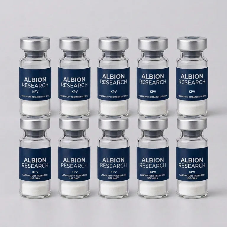Ten laboratory vials labelled Albion Research, KPV 5mg
