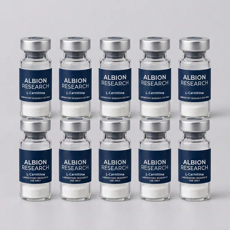 Ten laboratory vials labelled Albion Research, L-Carnitine 10ml