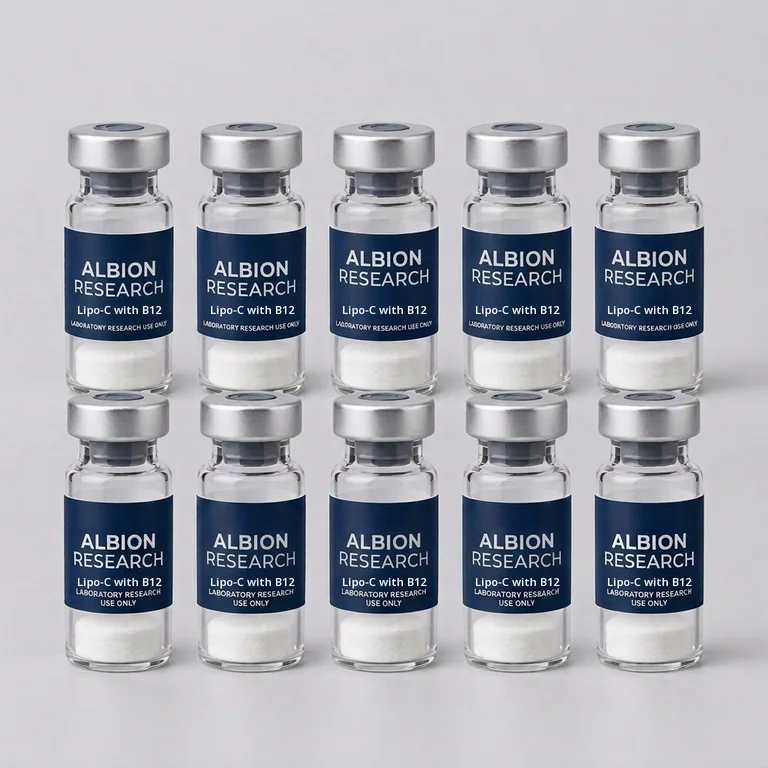 Ten laboratory vials labelled Albion Research, Lipo-C with B12 10mg