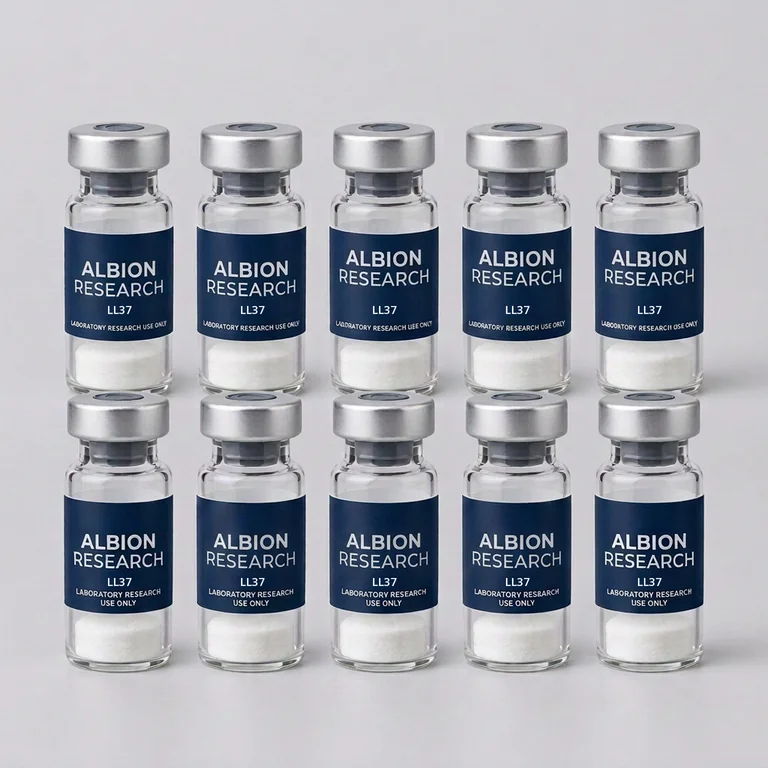 Ten laboratory vials labelled Albion Research, LL37 5mg