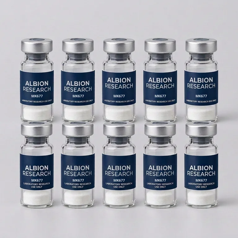 Ten laboratory vials labelled Albion Research, MK677 5mg