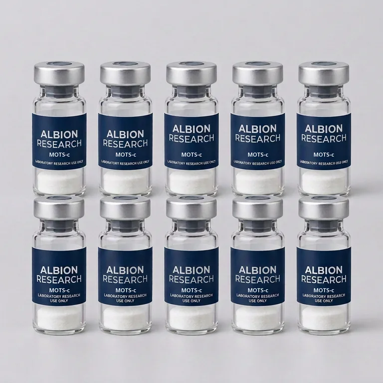 Ten laboratory vials labelled Albion Research, MOTS-c 10mg