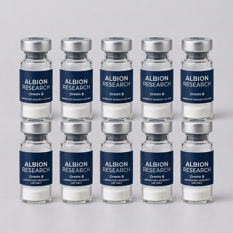 Ten laboratory vials labelled Albion Research, Orexin B 5mg