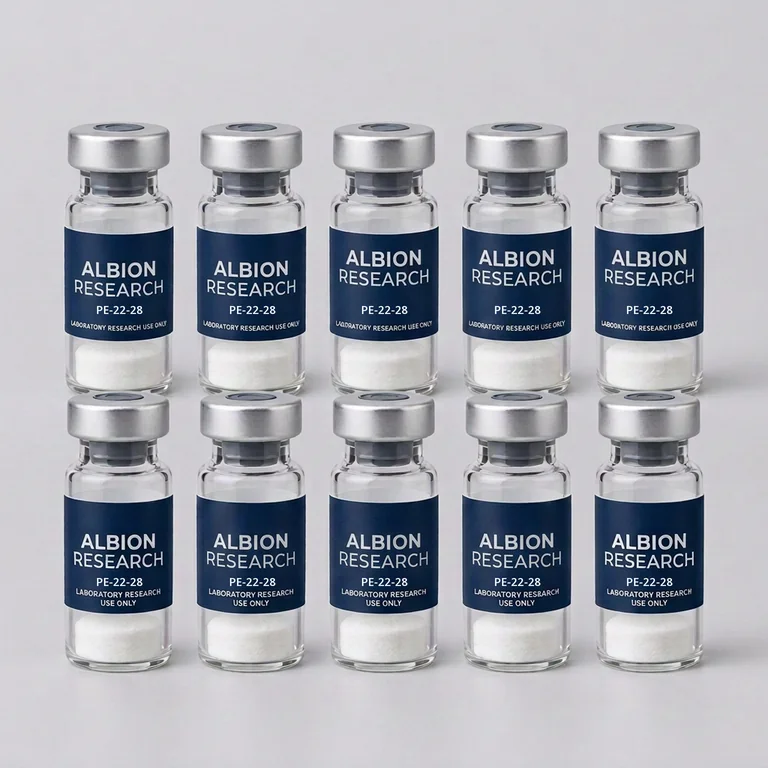 Ten laboratory vials labelled Albion Research, PE-22-28 5mg
