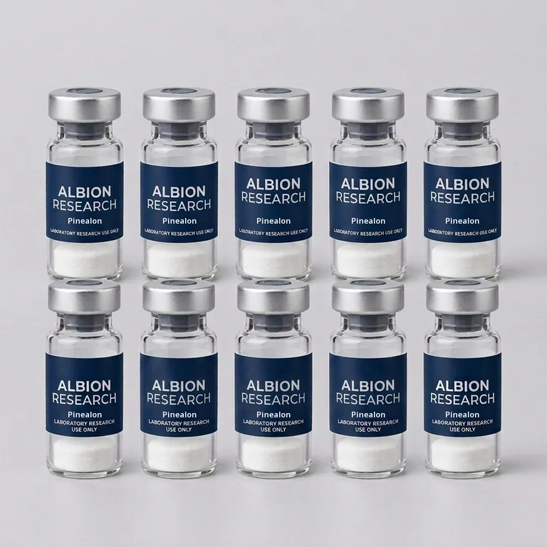 Ten laboratory vials labelled Albion Research, Pinealon 5mg