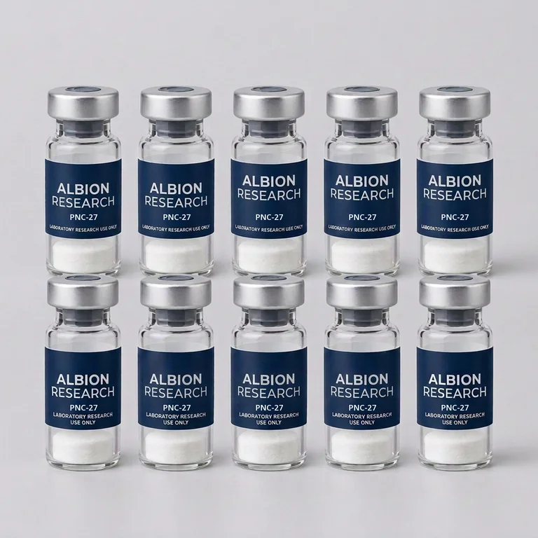 Ten laboratory vials labelled Albion Research, PNC-27 10mg