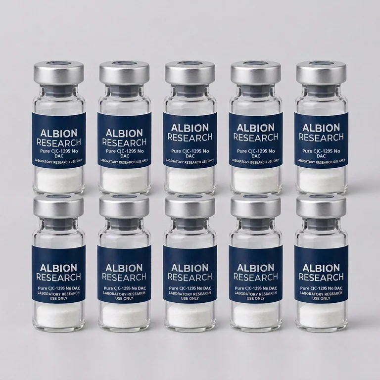 Ten laboratory vials labelled Albion Research, Pure CJC-1295 No DAC 2mg