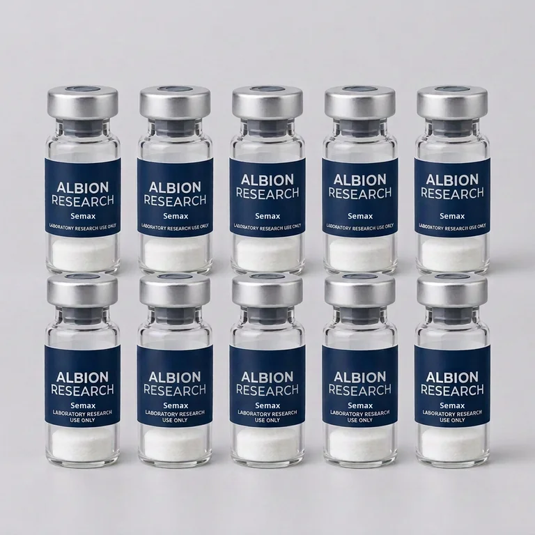 Ten laboratory vials labelled Albion Research, Semax 5mg