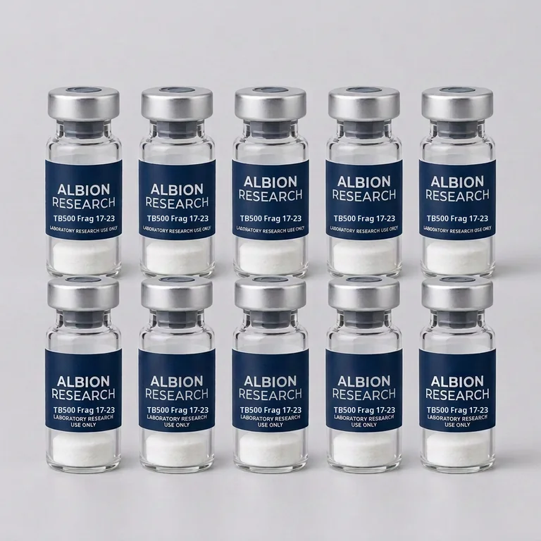 Ten laboratory vials labelled Albion Research, TB500 Frag 17-23 5mg