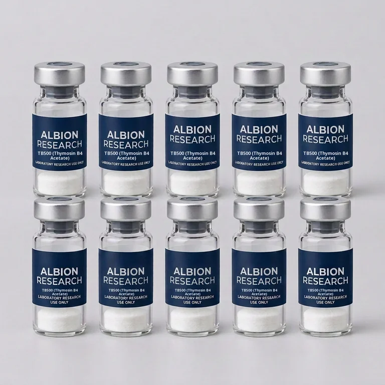 Ten laboratory vials labelled Albion Research, TB500 (Thymosin B4 Acetate) 5mg