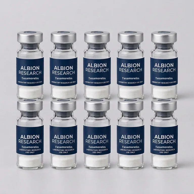 Ten laboratory vials labelled Albion Research, Tesamorelin 10mg