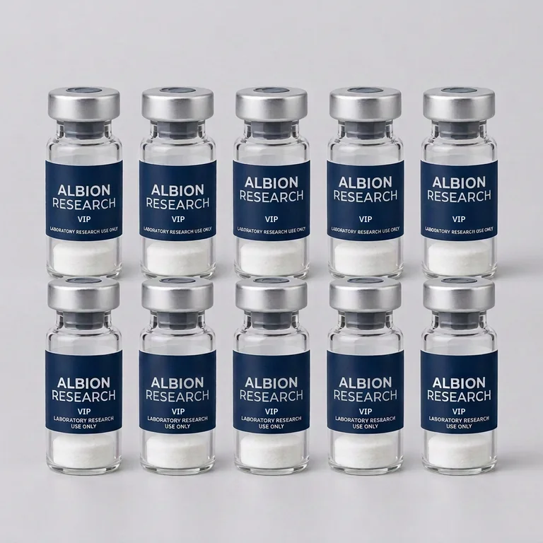 Ten laboratory vials labelled Albion Research, VIP 5mg