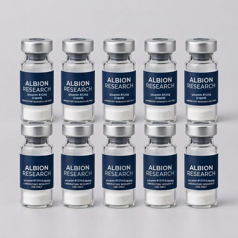 Ten laboratory vials labelled Albion Research, Vitamin B1210 (Liquid) 10mg