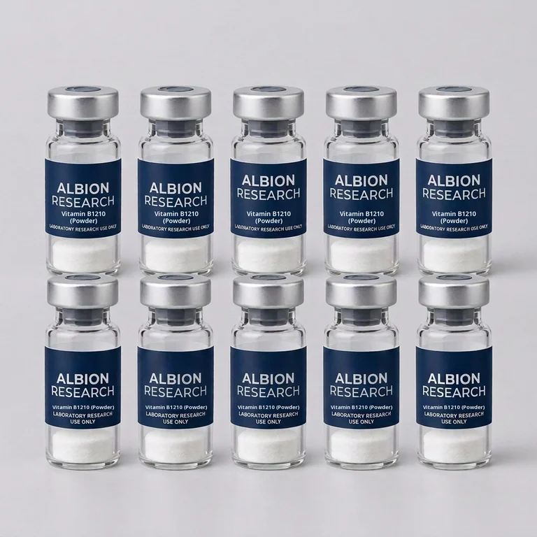 Ten laboratory vials labelled Albion Research, Vitamin B1210 (Powder) 10ml