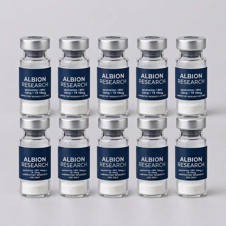 Ten laboratory vials labelled Albion Research, Wolverine / BPC 10mg + TB 10mg 20mg
