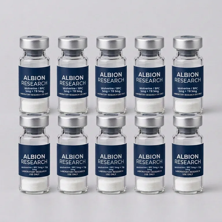 Ten laboratory vials labelled Albion Research, Wolverine / BPC 5mg + TB 5mg 10mg